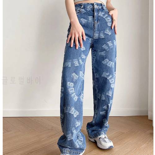 Women&39s Jeans Letter printing Casual Jeans European and American Style Pocket High Waist Straight Pants Oversize Pants For Women