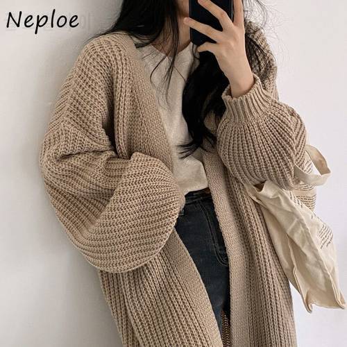 neploe loose casual knitted autumn simple lazy style V-neck loose coarse yarn lantern sleeve long cardigan knitted sweater coat