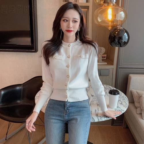 Women&39s Knitted Cardigan Sweater round Neck Contrast Color Bell Sleeve Knitted Woman Sweaters Femme Chandails Pull Hiver