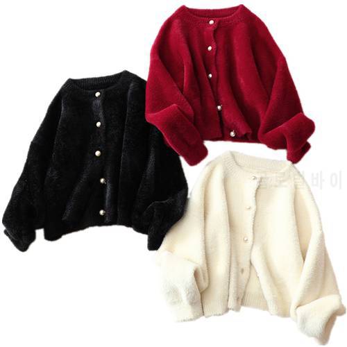Women Short Wool Cardigan Cashmere Crop Sweater Solid Tops Winter Ladies V neck Jacket Female Loose Casual Thick Clothes korean