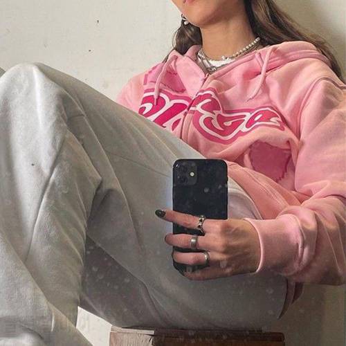 Women Pink Letter Print Hoodie Harajuku Korean Style Loose Long-sleeved Hooded Coat 2021 New Solid Color Retro Student Girl Tops
