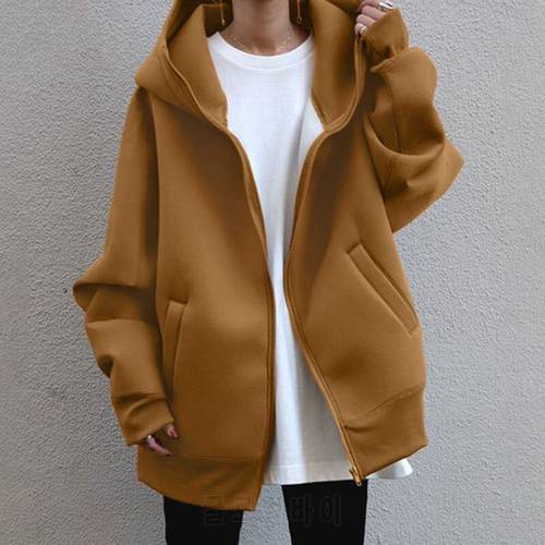 2022 Autumn Winter New Plus Velet Warm Zipper Hoodies Women Fashion Long Sleeve Pocket Loose Jackets Casual Sweatshirt Coat