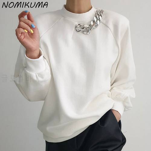 Nomikuma Korean Chic Autumn Stand Neck Pullover Sweatshirt Fashion Chain Puff Sleeve Hoodies 2021 New Top Jumpers 6X001