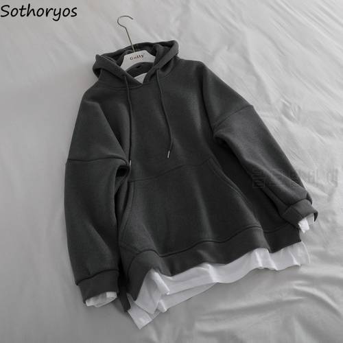 Hoodie Women Couple Unisex PopularIns Simple Solid Patchwork ThickeningAll-match Harajuku Fake Two Pieces Sweatshirt Y2k New
