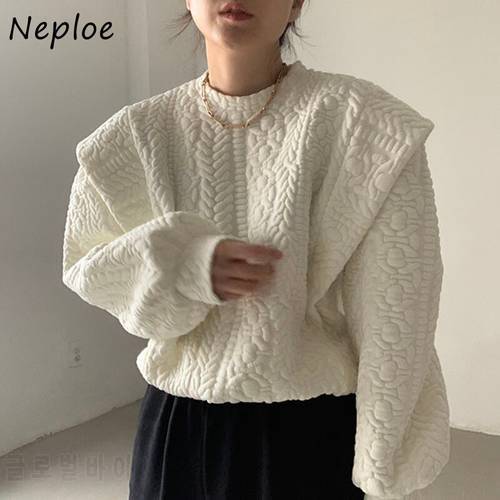 Neploe Korean Autumn Round Neck Sweatshirt Embossed Texture Loose Hoodies Stitching Fake Two-piece Long Sleeve Hoodies Women