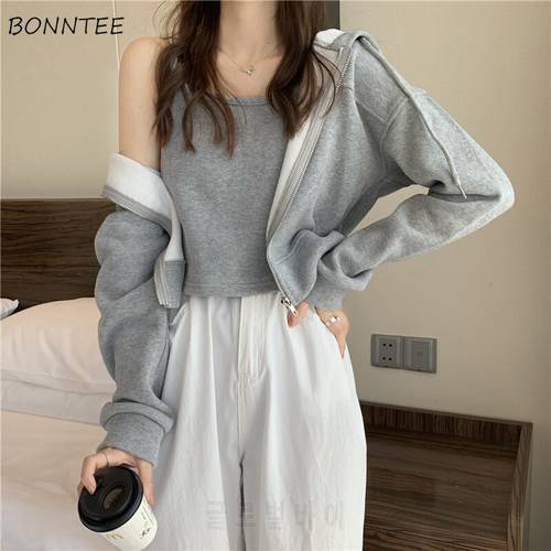 Sweatshirts Women Cropped Hooded Solid Spring High-quality Casual Zip-up Tunic Office Lady Draw String Vintage All-match College