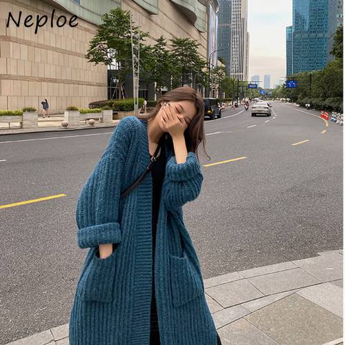 Neploe 2023 Fall Winter Knitted Open Stitch Women Long Cardigans Vintage Solid Color Sweater Coats Female Loose Casual Coat