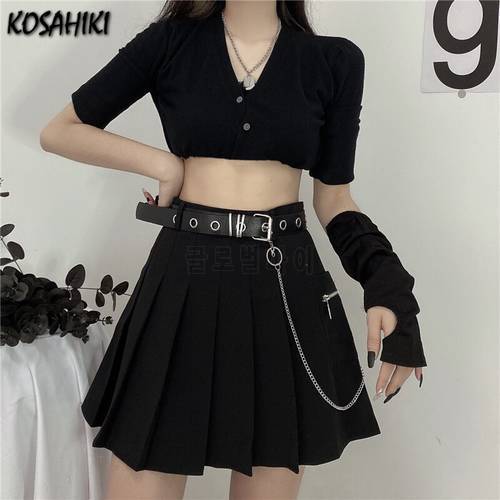 KOSAHIKI Black Gothic Mini Skirt with Belt Chain Pleated High Street Fashion Punk Crop Skirt Lady Zipper Saia Sashes Mujer