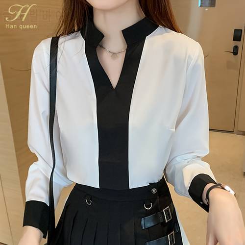 H Han Queen New Arrival V-neck Contrast Shirt Women Blouse Vintage Work Casual Tops Chiffon Blouse Loose Women Business Shirts
