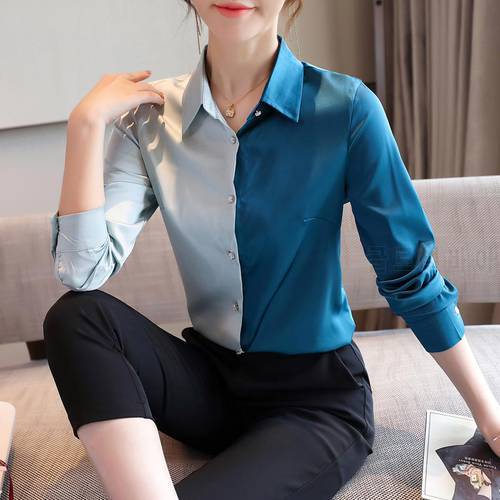 Korean Silk Shirts Women Long Sleeve Satin Shirts OL Elegant Woman Patchwok Silk Blouse Office Lady Satin Shirt XXL Womens Tops