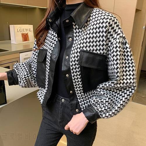 [EWQ] Jacket Women&39s Short 2023 New Autumn And Winter Korean Loose Plaid Splicing Small Versatile Leather Jacket Female 16R51