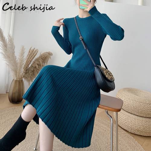 Woman Knitted Dress Blue O-neck Fall New Elegant Long Sweater Dress Female Korean Street Winter Wool Knit Woman&39s Clothing