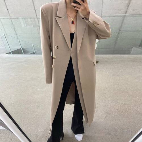 [EWQ] Korean Chic Autumn Winter Suit Collar Double Placket Design Loose Knee Length Black Suit Coat Women Fashion 2023 16E4543
