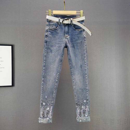 Sequined Rhinestone Skinny Jeans for Women 2022 Autumn New High Waist Slim Fit Pencil Pants Trousers Woman Jeans Pants S-3XL