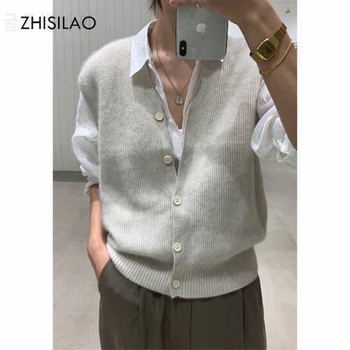 ZHISILAO Solid Single Breaste Sleeveless Knit Cardigan Sweater Vest Cape Vintage Outwear Autumn Loose Grey Cardigan
