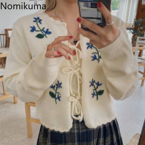 Nomikuma Embroidery Flower Loose Sweet Lace Up Knitted Cropped Cardigan Women Two Piece Casual Vintage Sweater Sueter Mujer