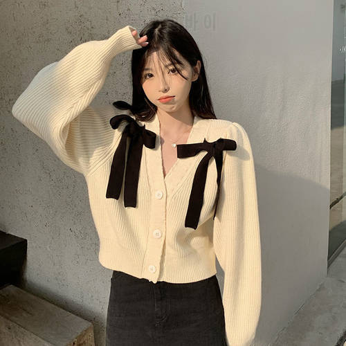 Autumn Winter Bow Crop Cardigan Women New French V-neck Long Sleeve Knitted Cardigans Chic Single-breasted Sweater Jacket Female