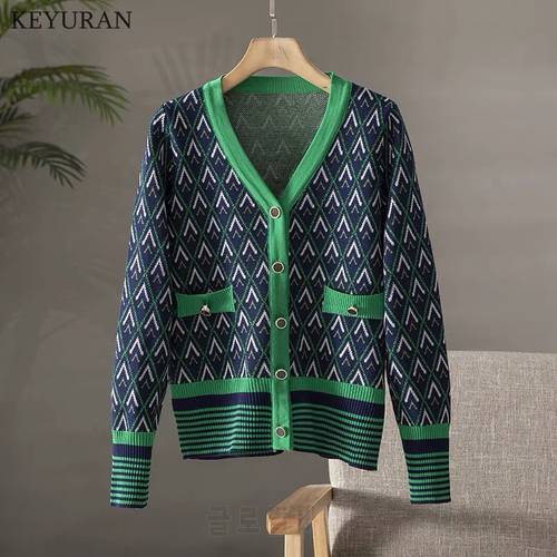 2022 Autumn Winter Sweater Cardigans Women Single Breasted Long Sleeve Vintage Argyle Casual Loose Green Knitted Outwear Tops