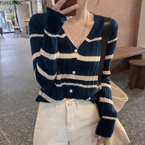 Hot Sales New Womens Fashion Long Sleeve Casual Preppy Style GIrls Striped Single Breasted Button Sweater Cardigans O2257
