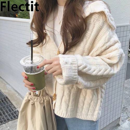 Flectit Womens Front Button Hooded Cardigan Sweater Thick Warm Cable Knit Loose-Fit Autumn Winter Korean Fashion Ladies Tops *