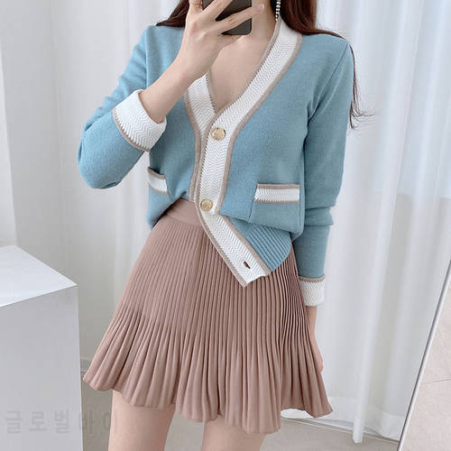 Knit V Neck Chic Pink Patchwork Women Sweater Cropped Cardigan New Fall 2020 Korean Casual Gilet Femme Winter Clothe Office Lady