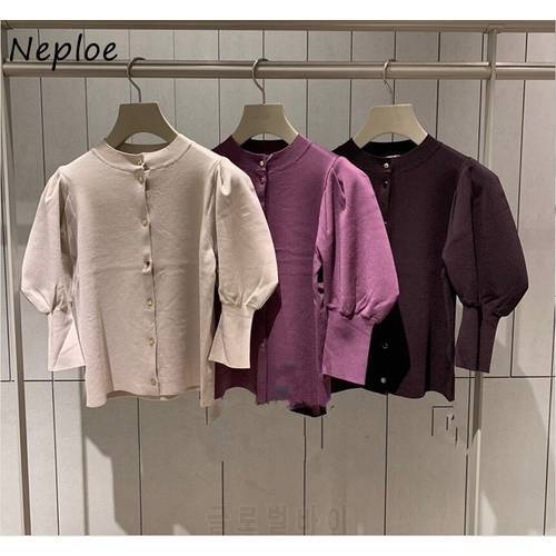 Neploe 2023 Japanese Style O-neck Slim Fit Sweater Chic Exquisite Button Solid Color Top Sweet Puff Sleeve Knitted Cardigans