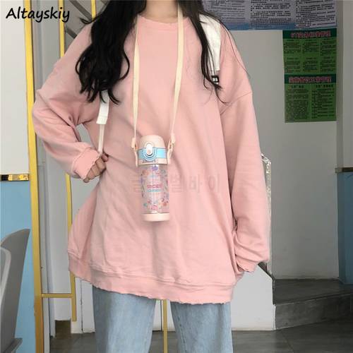 Sweatshirts Women Harajuku Orange Chic Teens High Street Simple Solid O-neck Lovely Korean New Design Basic Hot Sale Ins Casual