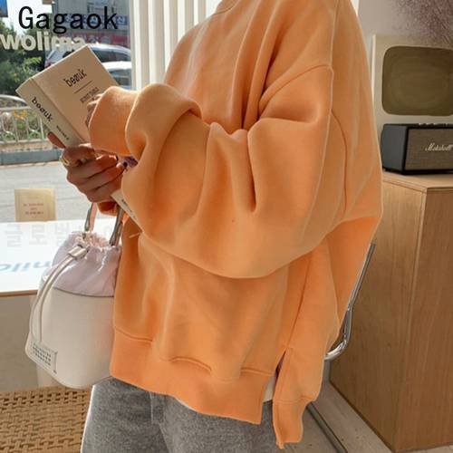 Gagaok Women Casual Thick Hoodies 2020 Winter New O-Neck Drop-shoulder Solid Full Loose Sweet Wild Warm Fashion Korean Pullover