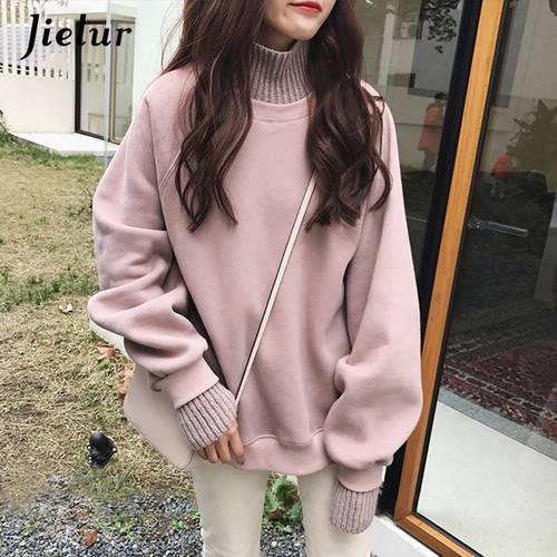 Jielur Korean Style Hoodies Female Winter False Two Pieces Turtleneck Women&39s Sweatshirt Loose Thick Fleece Pullovers M-XL Size