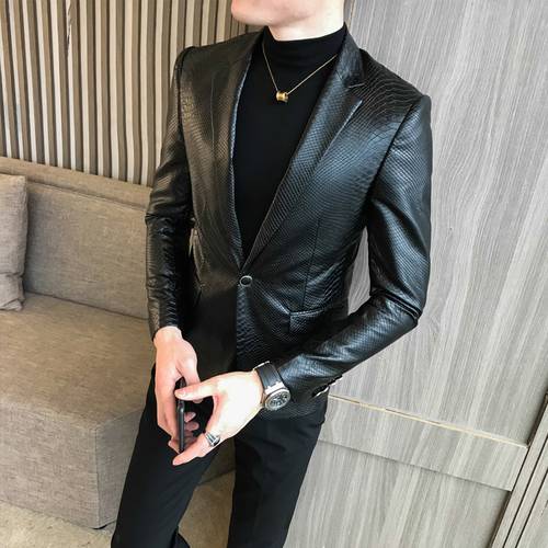 new single buckle PU suit jacket fashion boutique men&39s slim retro suit jacket black men&39s banquet party club men&39s clothing