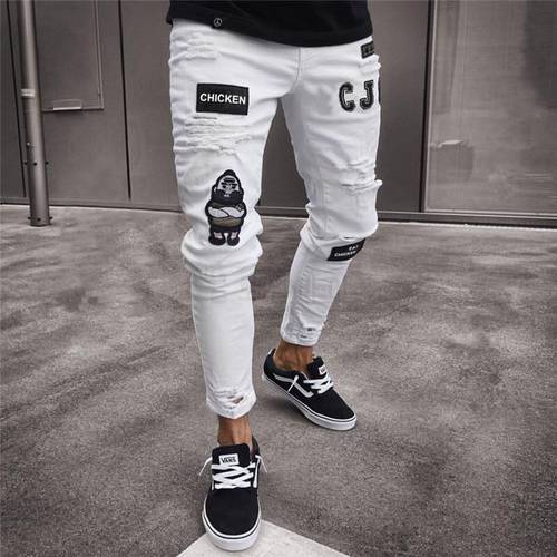 Men&39s Fashion Vintage Ripped Jeans Super Skinny Slim Fit Zipper Denim Pant Destroyed Frayed Trousers Cartoon Gothic Style Pants