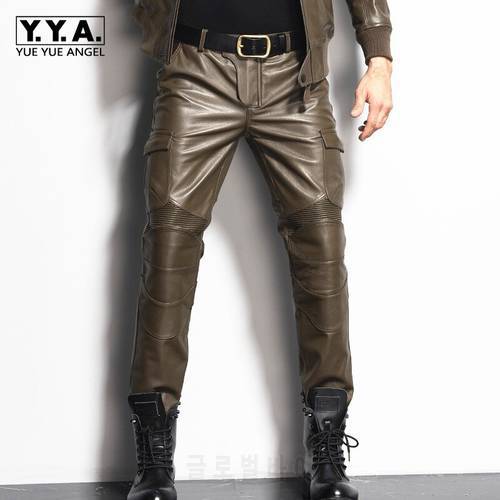 2022 New Mens Straight Pants Genuine Leather Slim Couple Long Pants Pockets Male Fashion Motorcycle Pants Brand Plus Size 29-36