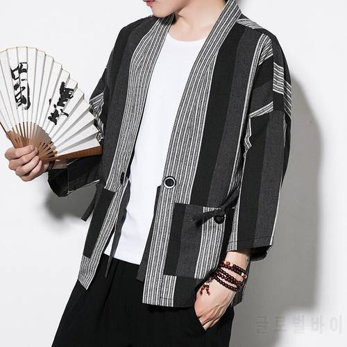 4310 Striped Cotton Linen Kimono Coat Vintage Open Stitch Plus Size 5XL Mens Jackets And Coats Black/White Kimono Cardigan Men