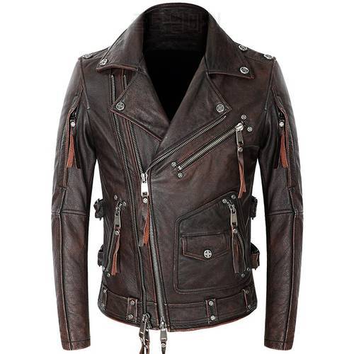 Genuine Mens Vintage Jacket 100% Cowhide Motorcycle Biker Coat Punk Rock Zipper Real Leather Moto Riders Jackets