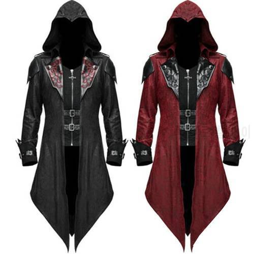 Steampunk Gothic Tuxedo Trench Coat Turn-Down Collar Hooded Leather Dovetail Jacket Assassin Costume Halloween For Men Plus Size