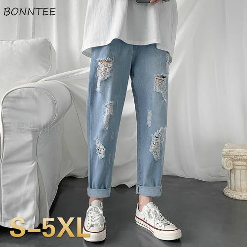 Jeans Men Fur-lined Hole Plus Size 5XL Crimping Mens Ankle-length Casual Loose Drawstring Streetwear Frayed Trendy Trousers New