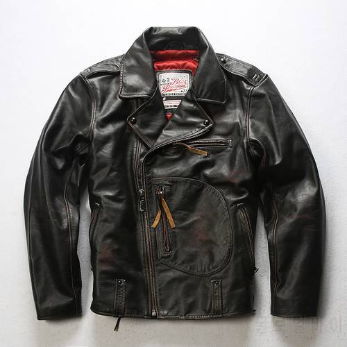 2020 New Vintage Brown Men Genuine Motorcycle Leather Jacket Diagonal Zipper Genuine Cowhide Slim Fit American Motorcycle Jacket