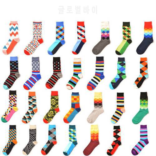 PEONFLY Mens Happy Socks 29 Colors England Style Fashion Classic Geometry Rhombic Stripe Hit Color Harajuku Crew Socks