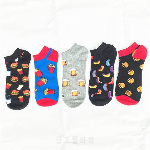 PEONFLY Funny Hamburger Beer Printed Socks Men Cotton Socks Invisible Slippers Male Shallow Mouth Ankle Sock Casual High Quality