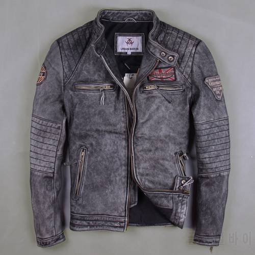 Factory 2019 Men Vintage Gray Motorcycle Leather Jackets Genuine Cowshin China Size M-6XL Biker Jackets Winter Coats