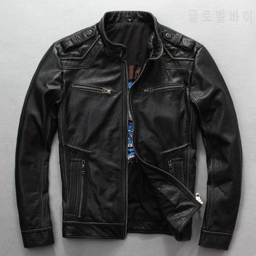 2019 New Men&39s Motorcycle Leather Jacket Vintage Black Thick Cowhide Genuine Rider Jackets Back 3D Cross Biker Coats
