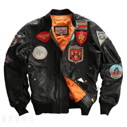 2016 Men Black Top Gun Leather Pilot Jacket Real Sheepskin Short Plus Size XXXL Men Winter Military Russian Coat FREE SHIPPING