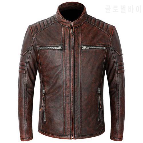 Genuine Men&39s Heavy Motorcycle Jackets Retro Vintage Stand Collar Cowhide Biker Leather Coat For Man