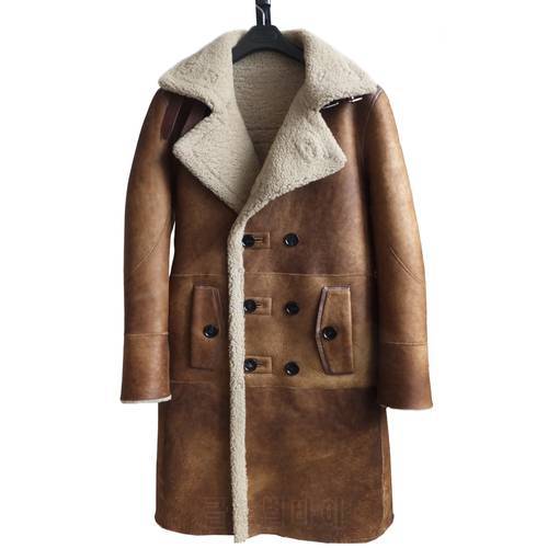 LUHAYESA Fashion Real Sheepskin Fur Coat Genuine Leather Male Formal Winter Long Thick Jacket Sheepskin Shearling Men Fur Coat