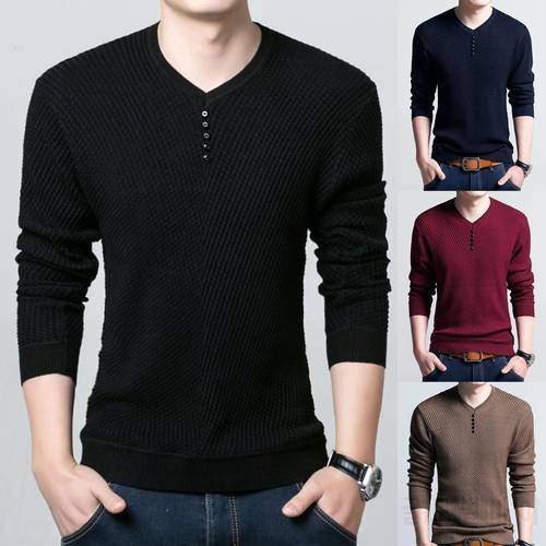 Casual Men Autumn Long Sleeve V Neck Solid Color Buttons Pullover Blouse Top