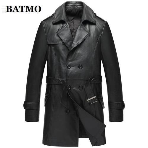 BATMO 2020 new arrival 100% natural cow leather jackets men,men&39s Double Breasted wine red leather trench coat,8307