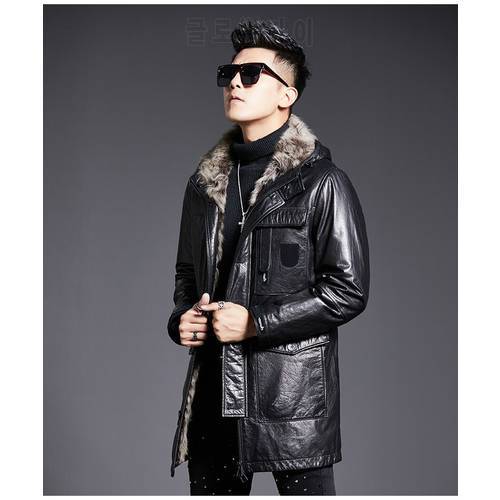 Winter Cow Leather Coat Men Parka Lamb Shearling Fur Liner Youth Sheepskin Thick