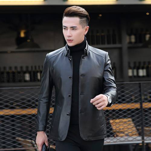 Genuine Leather Clothes Mens Slim-Fit Handsome Fashion Casual Sheepskin Trench Long Coat