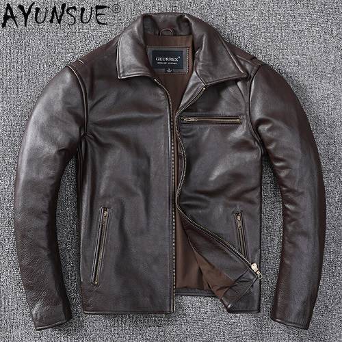 AYUNSUE Real Genuine Leather Jacket Men High Quality Cowhide Leather Coats Casual Brown Jackets Veste Cuir Homme 2021 KJ6737