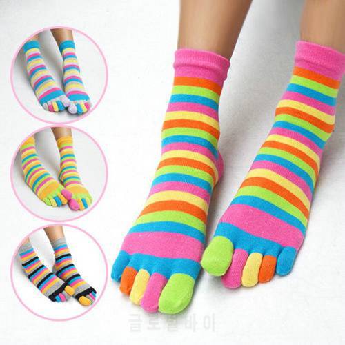 2020 Women Girl Striped Colorful Cotton Breathable Calf Crew Five Finger Toe Socks